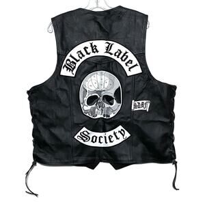 Genuine Leather Black Label Society Patches Biker Vest Lace Side Men L Moto SDMF